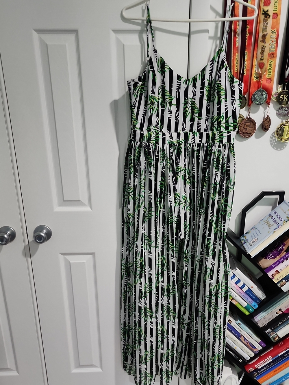 Summer Black & White Stripe Maxi Dress with Green Leaf Print